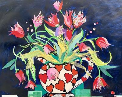 Tulips and Hearts. by Jane Burt, Painting, Oil and Acrylic on Canvas